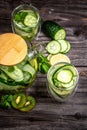 Fruit and herbs infused sassi water for detox, healthy eating in bottles. Top view. Healthy food, drinks, fitness, healthy Royalty Free Stock Photo