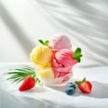 Fruit Ice Cream in glass plate close-up, summer food concept, realistic illustration, generative ai