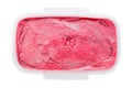 Fruit ice cream in plastic box. Pink gelato isolated on white. Top view, close-up Royalty Free Stock Photo