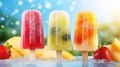 Fruit ice cream popsicles on a blue background. Strawberry, pineapple, kiwi, blueberry Generative AI