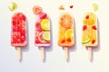 Fruit ice cream popsicles with lime, lemon, strawberry, orange, grapefruit and pomegranate on white background, Set of fruit Royalty Free Stock Photo