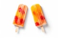 Fruit ice cream on a stick isolated on a white background, Orange and strawberry popsicles isolated on white background, AI Royalty Free Stock Photo