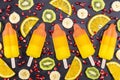 Fruit popsicles ice cream with sliced fruits on black Royalty Free Stock Photo