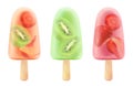 Fruit ice cream strawberry, kiwi, peach. 3d realistic vector icon set