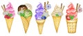 Fruit Ice-cream in waffle cone set. Decorated with chocolate waffles berries cookies and candies. Raspberry Blueberry