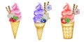 Fruit Ice-cream in waffle cone set. Decorated with chocolate waffles, berries, cookies and candies. Raspberry Blueberry