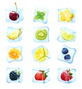 Fruit ice cube set isolated on white, frozen berry for exotic summer cocktail, vector illustration