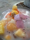 Fruit ice filled with pineapple, jelly, jackfruit and basil