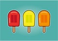 Fruit Ice lolly popsicle treat cartoon vector summer. Delicious frozen snack, bright colour orange, strawberry and lemon
