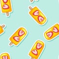 Fruit ice popsicle lollipop ice cream seamless pattern. Cute cartoon style hand drawn background texture tile