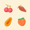 Fruit icon set collection Cherry papaya peach date white isolated background with color flat cartoon style