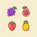 Fruit icon set collection grape guava strawberry pineapple white isolated background with color flat outline style