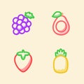 Fruit icon set collection grape strawberry guava pineapple white isolated background with stroke color outline style