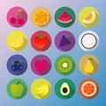 Fruit icon, watermelon banana orange cherry strawberry grape lemon melon coconut blueberry raspberry kiwi pear apple avocado grape Royalty Free Stock Photo