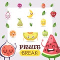 Fruit icons, funny cartoon characters, vector illustration. Set of summer fruits with smiling faces, friendly mascot Royalty Free Stock Photo