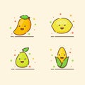 Fruit icons set collection mango lemon corn pear cute mascot face emotion happy fruit with color flat cartoon outline Royalty Free Stock Photo