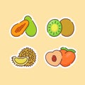 Fruit icons set collection papaya kiwi durian peach natural healthy fresh food with color flat cartoon outline style