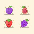 Fruit icons set collection plum guava strawberry grape cute mascot face emotion happy fruit with color flat cartoon