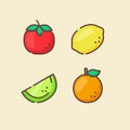 Fruit icons set collection tomato lemon melon orange juicy organic fresh with color flat cartoon outline style Royalty Free Stock Photo