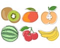 Set of drawn fruits, kiwi, mango, watermelon, bananas. Black line with the addition of colored spots. Icons