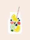 Fruit infused water mix lemon, blueberry, strawberry, kiwi and mint in mason jar mugs and striped straw element Vector