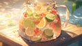 fruit-infused water pitcher, with slices of citrus fruits floating in the crystal-clear water manga cartoon style by AI generated