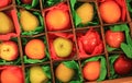 Fruit inside square boxes in tissue paper Royalty Free Stock Photo