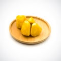 Fruit jackfruit in a wooden plate Isolated on the white background Royalty Free Stock Photo