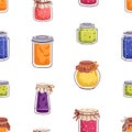 Fruit jam in jars, seamless pattern. Confiture, jelly preserves, homemade marmalade. Endless background, texture, print