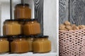 Fruit jam in jars. Stands in a wooden box painted white. Next to it is a basket of walnuts