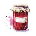 Fruit jam with a sticker. Mason jar. Watercolor. Hand painted. Royalty Free Stock Photo