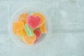 Fruit jellies candy hearts in bowl Royalty Free Stock Photo