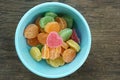 Fruit jellies candy hearts in bowl Royalty Free Stock Photo