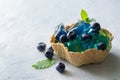 Fruit jelly with fresh blueberries decorated with mint leaf, served in waffle bowl, summer dessert concept