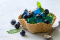 Fruit jelly with fresh blueberries decorated with mint leaf, served in waffle bowl, summer dessert concept
