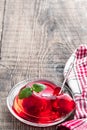 Fruit jelly with fresh strawberry on rustic wooden table Royalty Free Stock Photo