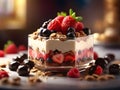fruit jelly and mousse cake with strawberry and blueberry, close-up shot. sweets and desserts illustration Royalty Free Stock Photo