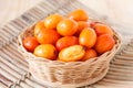 Fruit Jocote (Red, Purple Mombin, Siriguela, Hog Plum, Sineguela, Ciruela Huesito) in wicker basket