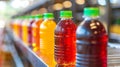 Fruit juice beverage production line on conveyor belt in drink manufacturing facility