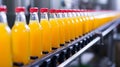 Fruit juice bottles undergo quality control on a factory conveyor