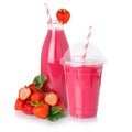 Fruit juice drink strawberry smoothie straw strawberries in a bottle and cup isolated