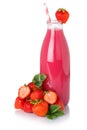Fruit juice drink strawberry smoothie straw strawberries in a bottle isolated