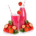 Fruit juice drink strawberry smoothie straw strawberries glass bottle isolated Royalty Free Stock Photo