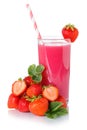 Fruit juice drink strawberry smoothie straw strawberries in a glass isolated Royalty Free Stock Photo