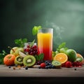 Fruit juice and fresh fruits on a wooden table on a dark background Royalty Free Stock Photo