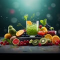 Fruit juice in glass with fresh fruits and berries on dark background Royalty Free Stock Photo