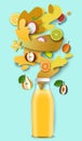 Fruit juice packaging glass bottle, paper cut fresh fruits, liquid splash, drops. Healthy drink, vector illustration. Royalty Free Stock Photo