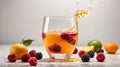 Fruit juice is poured into a glass cup on a white background.