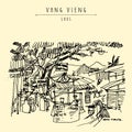 Vang Vieng, Laos, Southeast Asia. Fruit and juice shack. Vintage hand drawn touristic postcard in vector