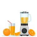 Fruit Juice Squeezer or Blender Kitchen Appliance. Orange juice in a glass and fruit Royalty Free Stock Photo